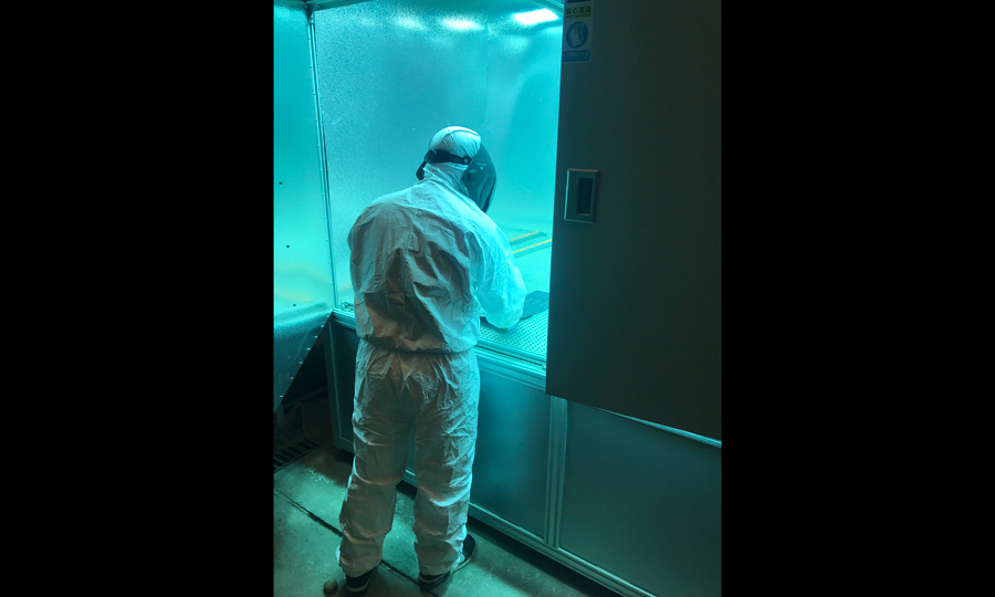 紫外輻照箱輻射強(qiáng)烈，對人體特別是人眼傷害極大，需要穿戴全身防護(hù)服和頭盔進(jìn)行保護(hù)。胡曉楊正在查看輻照產(chǎn)品的狀態(tài)。（作者：丁佐鑫）